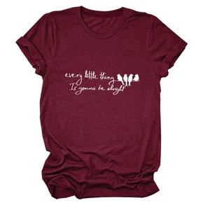 Detail of burgundy T-shirt featuring every little thing is gonna be alright white print