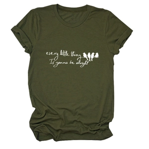 Detail of rolled cuffs and printed slogan on olive green cotton crew neck t-shirt