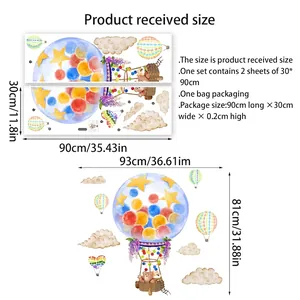 Nordic cartoon hot air balloon wall decals with stars and clouds size guide for kids room