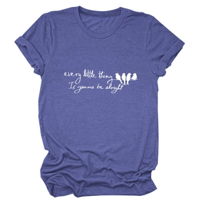Detail of soft purple-blue round neck T-shirt with birds and positive text print