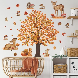 Detail of autumn watercolor forest wall stickers with deer and squirrel in a nursery