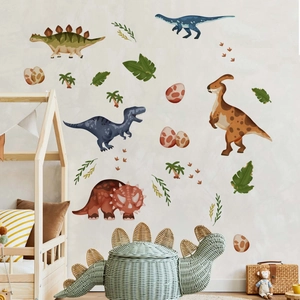 Watercolour dinosaur wall stickers with eggs and plants for a cozy kids' bedroom decor