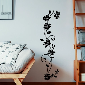 Vertical black floral vine wall sticker with blooming flowers for home wall decoration