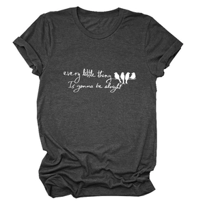 Detail of charcoal grey cotton t-shirt featuring artistic birds on wire graphic and text