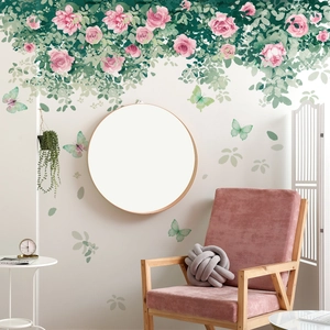 Pink watercolor rose flowers and green leaf wall stickers with butterfly decor for living room