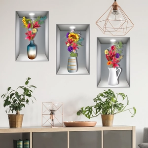 3D visual wall stickers set featuring flower vases with sunflowers for home wall decor