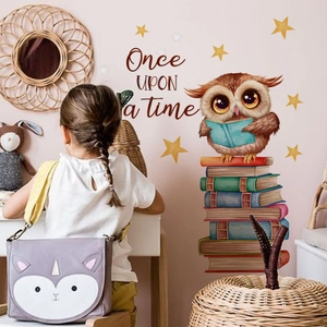 Cartoon Owl Reading Books Wall Stickers PVC Self Adhesive Star Once Upon A Time Decal For Kids Room Nursery Decor