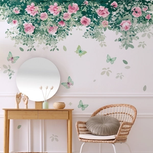 Watercolor floral wall decals with pink roses and green butterflies for living room decor