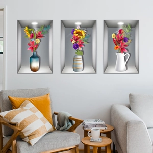 Set of 3D floral vase wall stickers with sunflowers and lilies for living room decor