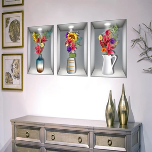 Macro detail of 3D floral wall stickers with sunflower and lily in realistic niches