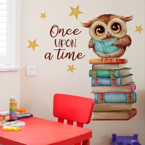 Cartoon owl reading books wall sticker with stars and Once Upon a Time quote for kids room