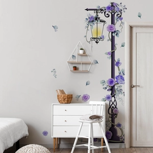 Grande Adesivo Murale Lampione Rose Viola in PVC Decalcomania Floreale per Soggiorno Camera da Letto Decorazione Casa