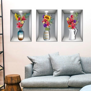 3D stereoscopic wall decals with 3 pieces of potted flower vases for living room decor