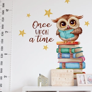 Cartoon owl on colorful books wall sticker with stars for kids nursery room decor