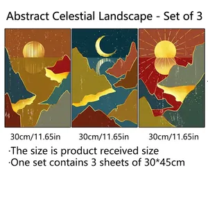 Three-piece oil painting style wall art set featuring sun and moon landscape 30x45cm