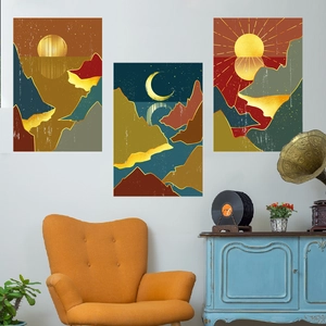 Three-piece abstract landscape wall art set featuring sun and moon in earth tones