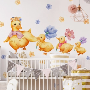 Wandtattoo Set Entenfamilie mit Blumen im Aquarell-Stil für Babyzimmer Wanddeko