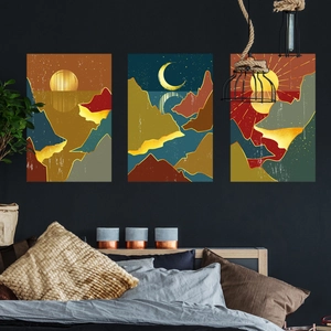 Three-piece abstract landscape wall art set featuring sun and moon in oil painting style