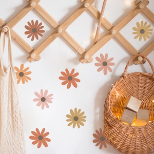 Minimalist daisy wall decals in warm earth tones for bohemian home decor aesthetic