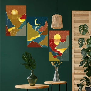 Detailed close-up of abstract mountain landscape canvas art with gold foil geometric elements