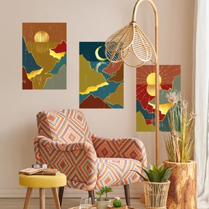 Three-piece bohemian oil painting set with sunrise, moon and mountain wall art decor