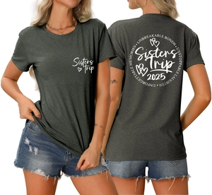 Detail of dark grey Sisters Trip 2025 graphic t-shirt with front and back print