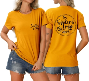 Front and back view of mustard yellow Sisters Trip 2025 T-shirt with commemorative prints