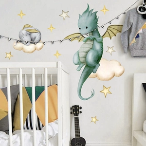 Cartoon Flying Dragon Clouds Stars Wall Sticker For Kids Room Nursery PVC Self-Adhesive Watercolor Style Home Wall Decal