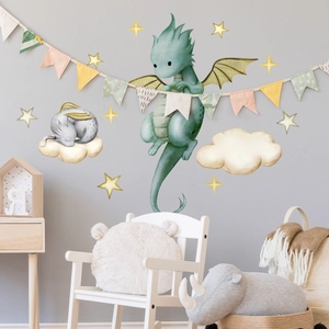 Cartoon dragon and clouds wall stickers in a minimalist Nordic style kids bedroom
