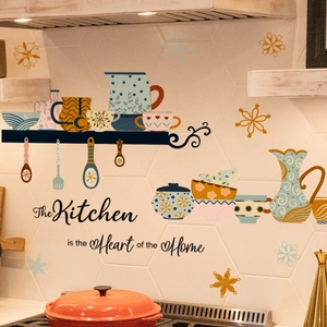 Bohemian style kitchen wall stickers with floral tea sets and artistic home quotes