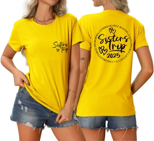 Front and back detail of yellow Sisters Trip 2025 T-shirt with printed lettering