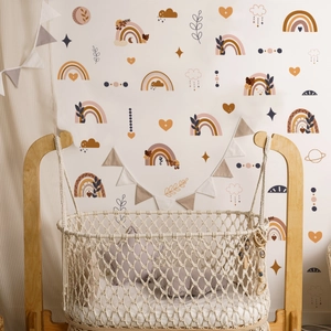 Bohemian rainbow wall decals in earth tones for nursery room decor with heart patterns