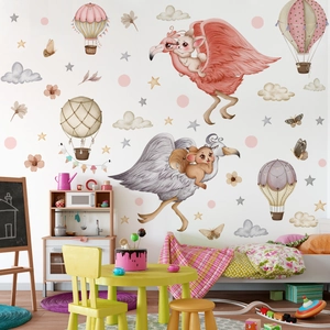 Cartoon wall stickers set featuring flamingos and hot air balloons in kids room