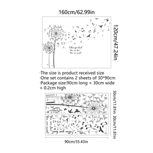 Detail view of dandelion and notes wall decal showing 160x120cm layout dimensions