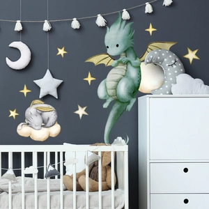 Cartoon flying dragon with stars and moon wall stickers for a cozy nursery wall decor