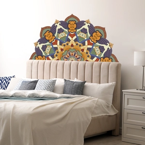Grand sticker mural mandala lotus bohème en orange et violet pour tête de lit de chambre