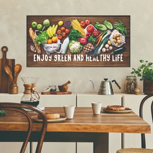 Enjoy Green and Healthy Life fresh vegetables wall art for kitchen decor with black frame