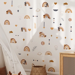 Bohemian rainbow wall stickers in earth tones with heart and star patterns for kids room
