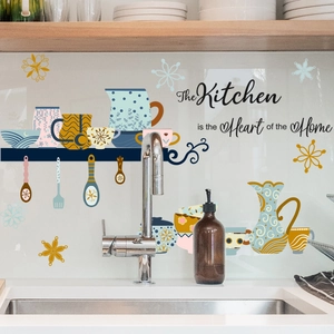 Kitchen Wall Stickers Waterproof PVC Bohemian Hand Drawn Kitchenware Decals Heart Of The Home Quote Removable Decorative
