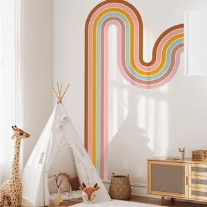 Detail of bohemian rainbow wall sticker in earthy tones for cozy kids room decor