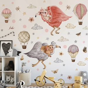 Cartoon wall stickers with flamingo, hot air balloon, and clouds for nursery decoration