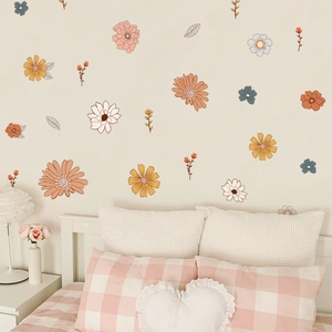 Bohemian floral wall decals set with colorful hand-drawn daisies for bedroom decoration