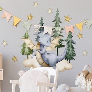 Pegatinas de pared de dragón y pinos en estilo acuarela para decoración de cuarto infantil