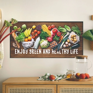 PVC Kitchen Wall Sticker Waterproof Oil Proof Wood Grain Healthy Life Fruits Vegetables Quote Decal For Dining Room