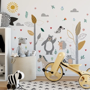 Muurstickers kinderkamer met bosdieren en beer voor Scandinavische wanddecoratie