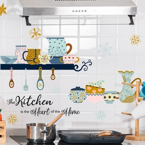 Bohemian kitchen wall stickers with floral tableware and heart of the home quote