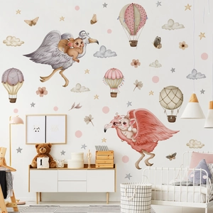 Watercolor cartoon wall stickers featuring rabbits, squirrels, and hot air balloons for kids