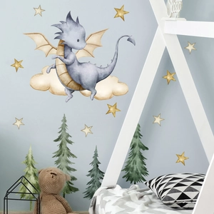 Vinilos infantiles de dragón en nube con estrellas doradas y pinos para decoración