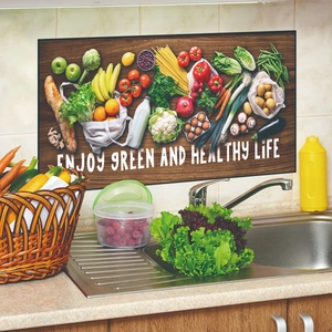 Detail of kitchen wall sticker with ENJOY text, wood texture and fresh vegetable pattern