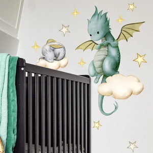 Detailed view of cartoon dragon wall stickers with stars on a white nursery wall